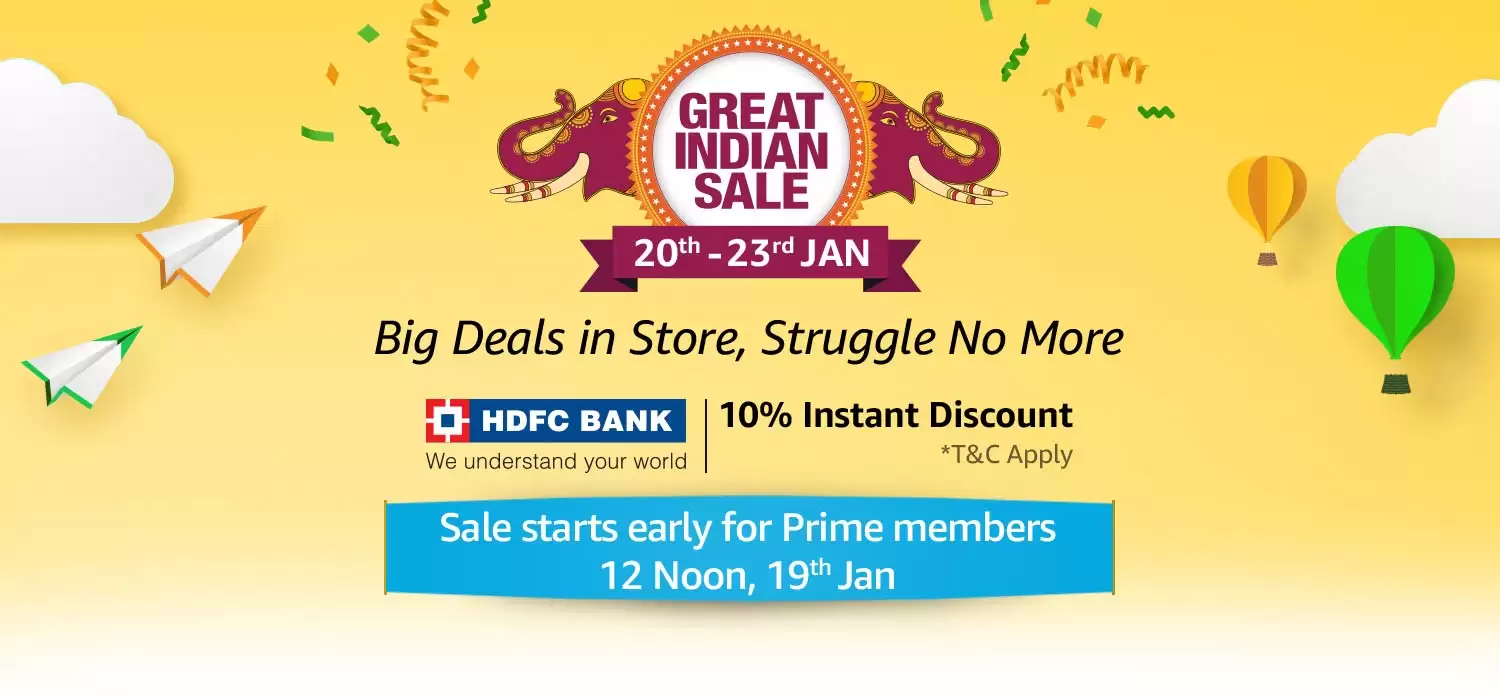 Get Extra 10% Instant Discount upto rs.1500 At Amazon India Great Indian Sale From 19th - 23rd Jan 2019 Pay Via Hdfc Bank Cards