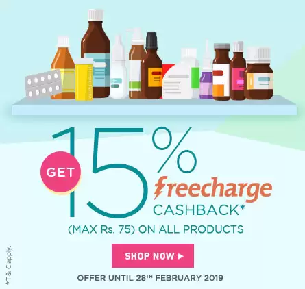 Get 15% Cashback Upto Rs.75 At Netmeds Pay With Freecharge