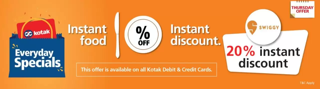 Get 20% Discount Upto Rs. 125 On Orders Above Rs. 500 At Swiggy Every Thursday Pay Via Kotak Bank