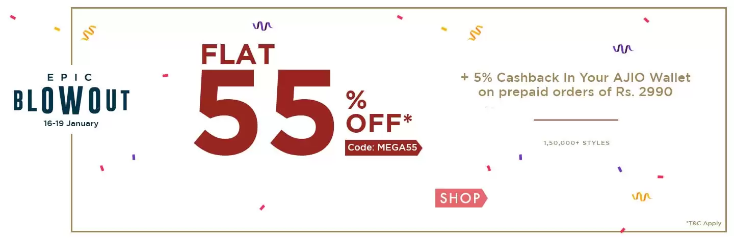 Enjoy Flat 55% Off On Top Brands + Extra 5% Cashback In Ajio Wallet With This Discount Coupon At Ajio