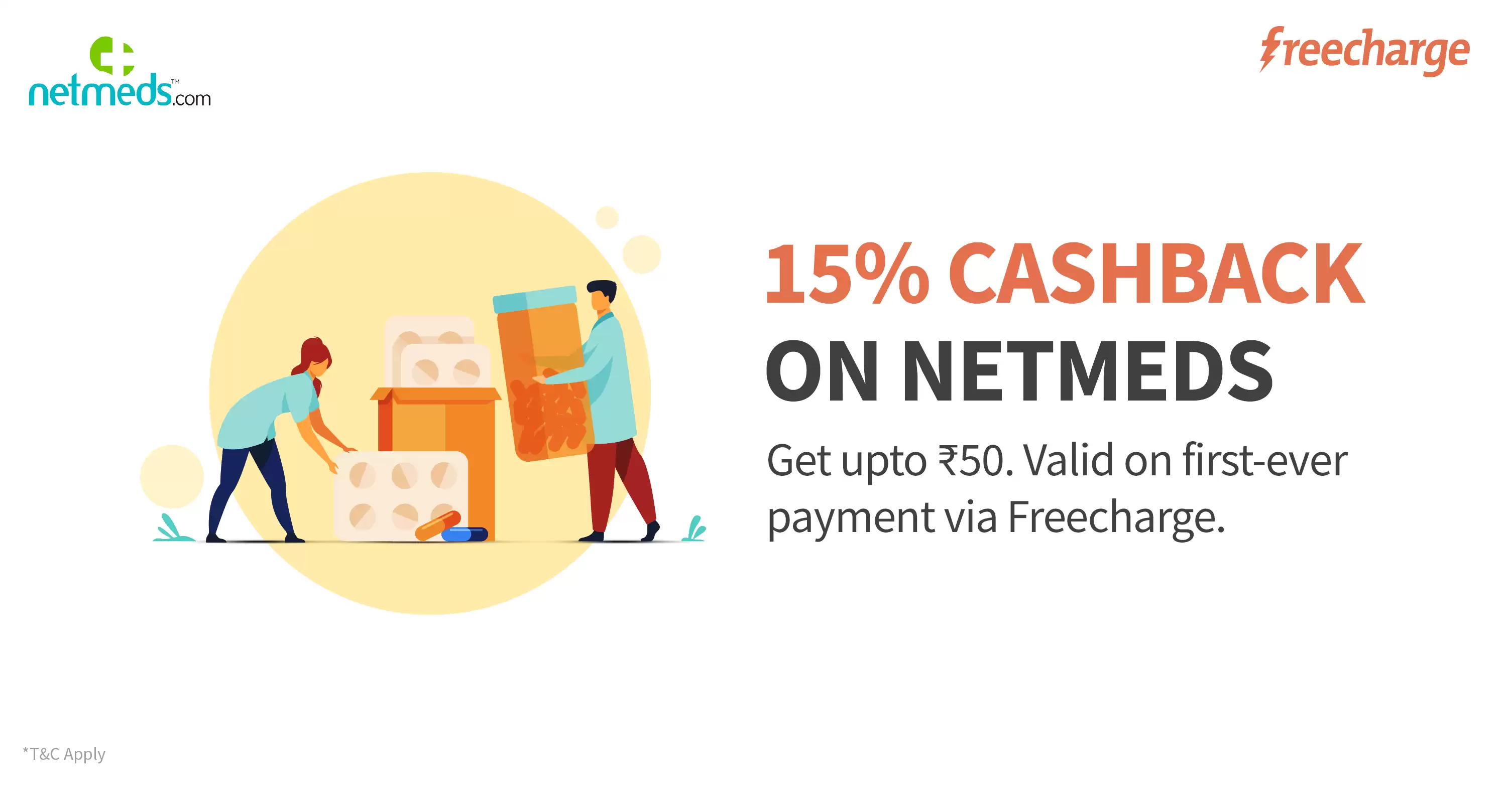 Get 15% Cashback Upto Rs.50 On First Ever Transaction On Netmeds Via Freecharge