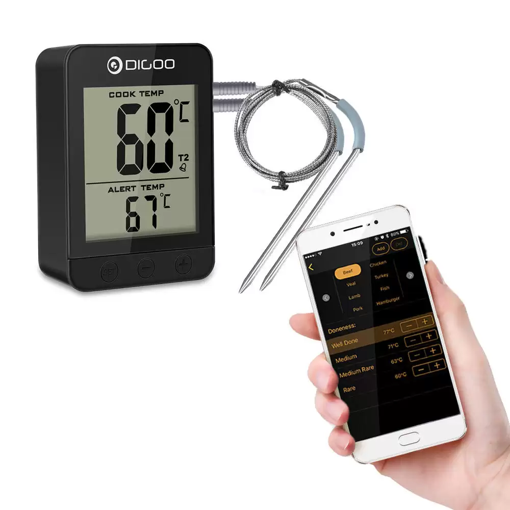 Order In Just $8.86 / €$14.99 Digoo Dg-ft2203 Smart Bluetoorh Led & Lcd Display Bbq Kitchen Cooking Thermometer With Double Stainless Steel Metal Probes App Function For Meat Turkey Barbecue Grilling Chicken With This Coupon At Banggood