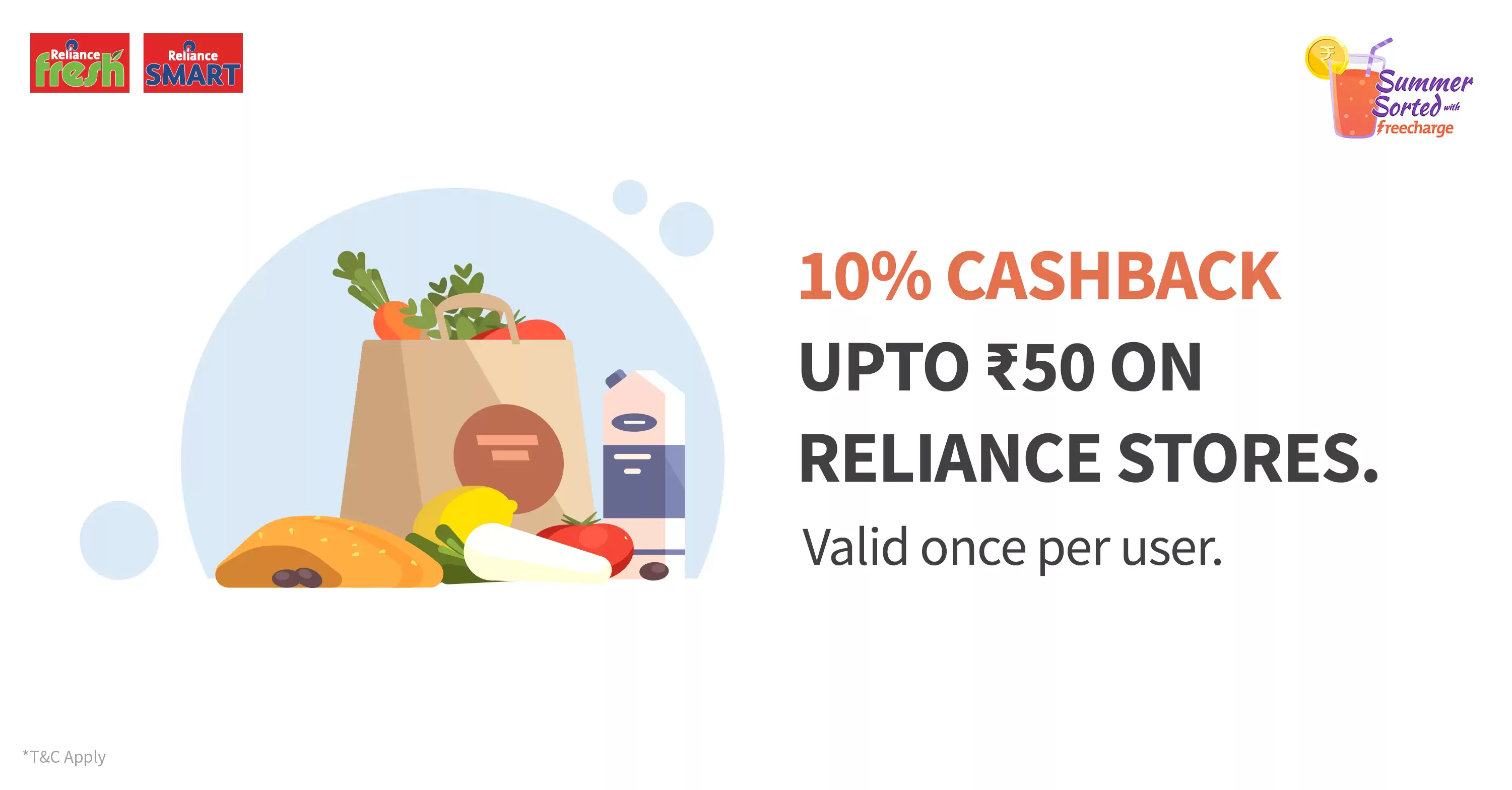 Get Extra 10% Cashback At Reliance Fresh, Reliance Smart Or Reliance Sahakari Bhandar. Maximum Cashback Rs 50 On Minimum Transaction Of Rs 250
