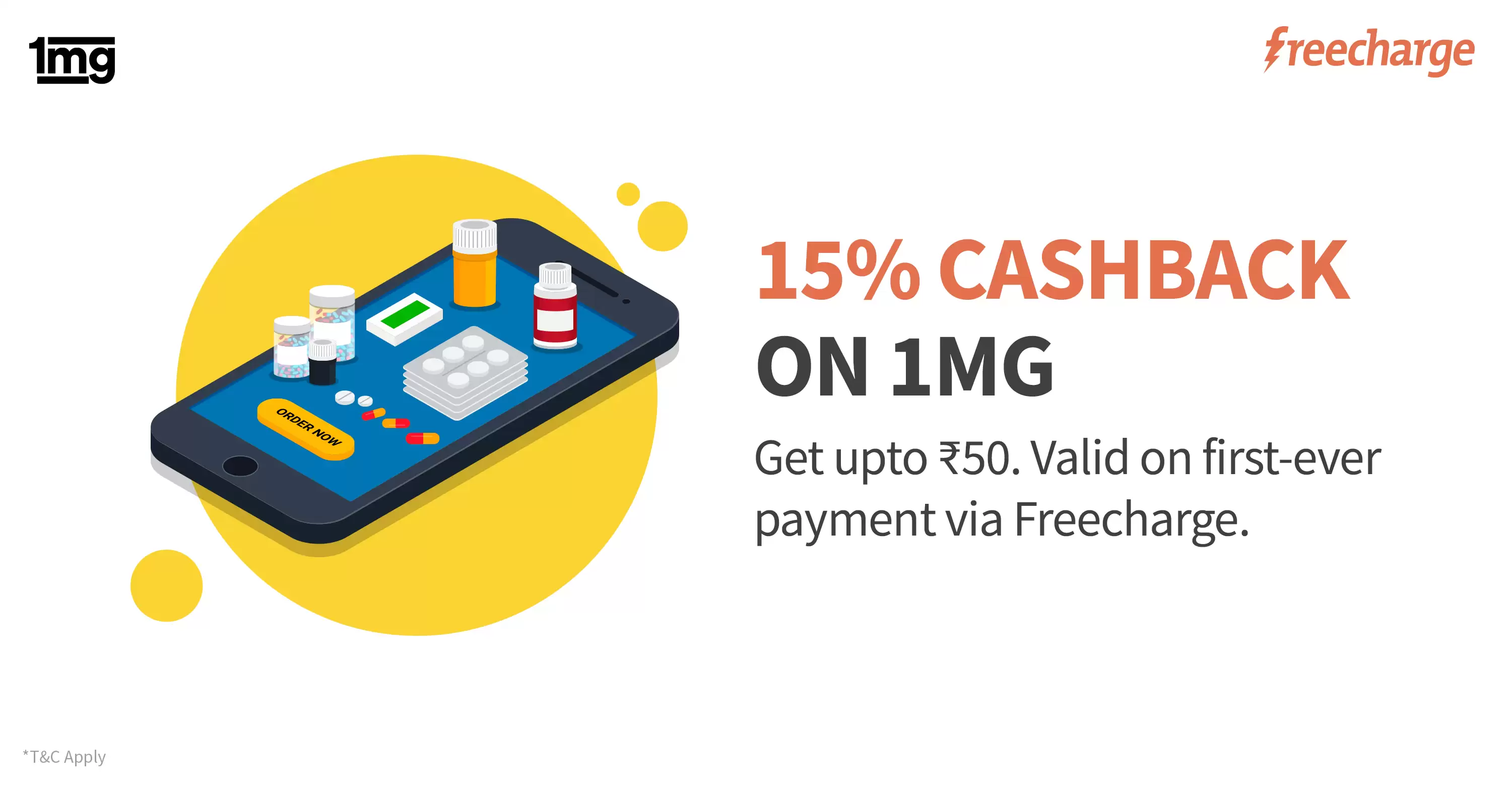 Get 15% Cashback Upto Rs.50 On First Ever Transaction On 1mg Via Freecharge