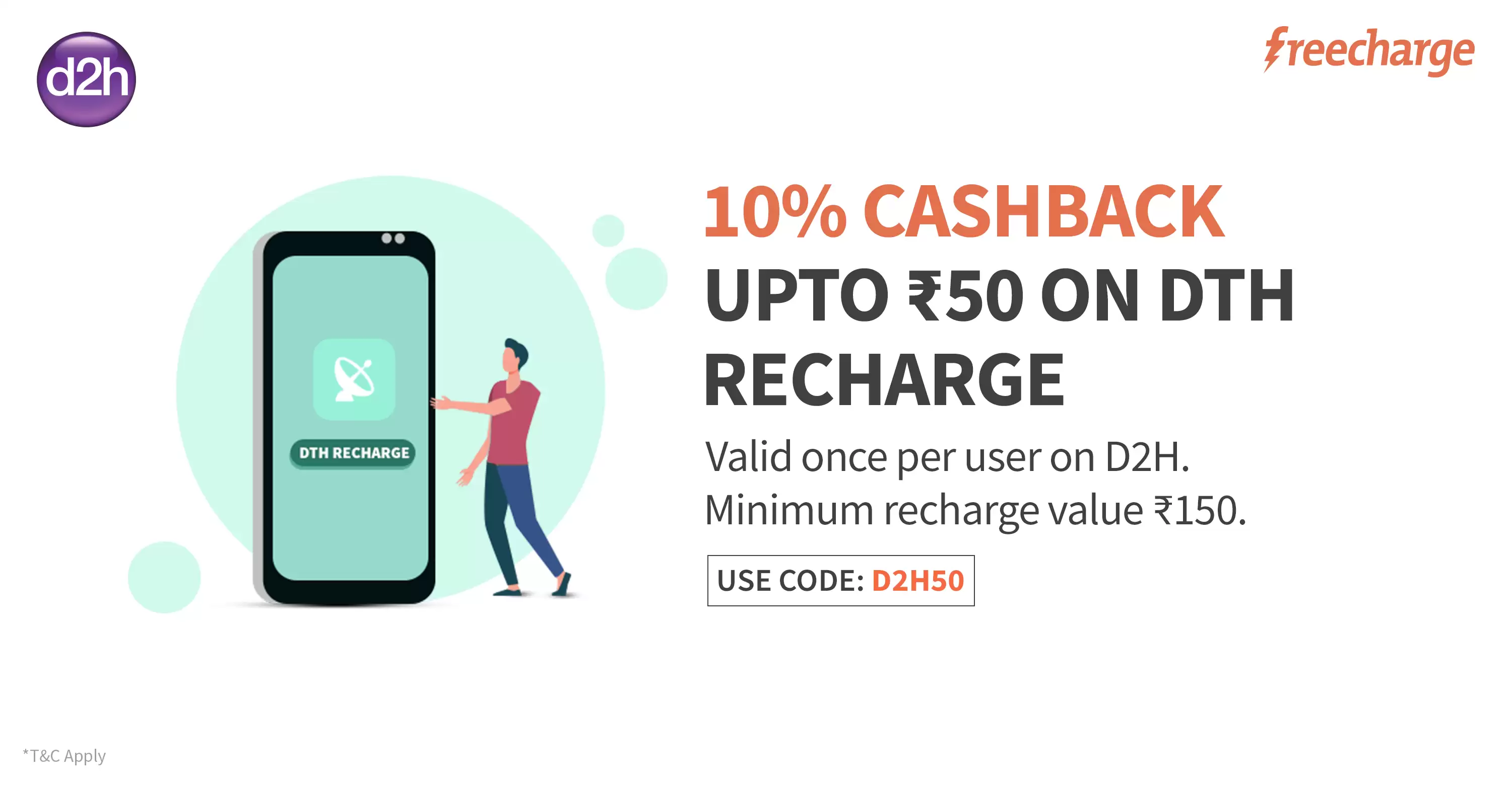 Get 10% Upto Rs.50 Cashback On Minimum D2H Transaction Of Rs.150 At Freecharge
