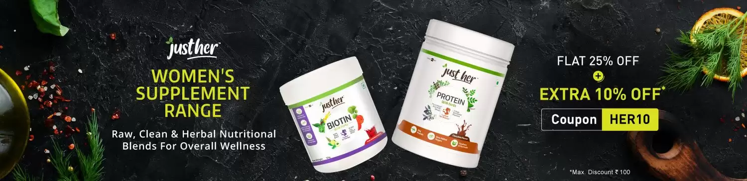 Get Flat 25% + Extra 10% Off On Healthkart Justher Women Supplement Range With This Coupon Code At Healthkart