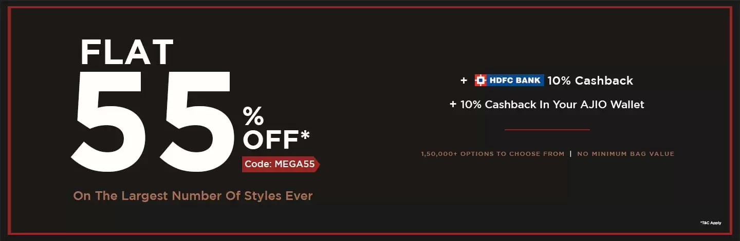 Enjoy Flat 55% Off On Top Brands + Extra 10% Hdfc Cashback + 10% Cashback In Ajio Wallet With This Discount Coupon At Ajio