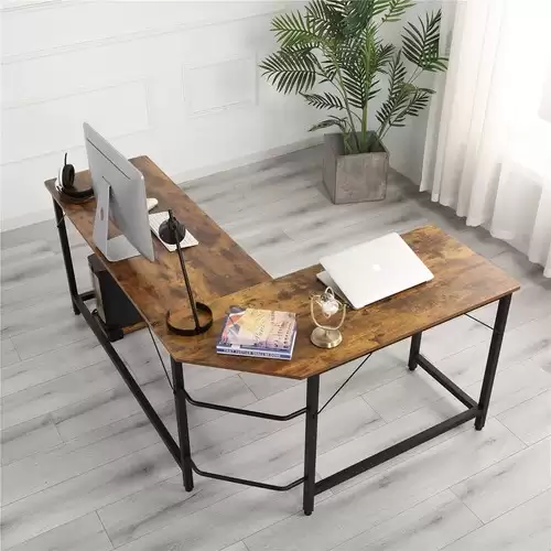 Order In Just $135.99 Home Office L-shaped Combination Corner Table Steel Frame Oak Material With Removable Main Tray For Reading Writing Computer - Black + Wood Grain With This Discount Coupon At Geekbuying