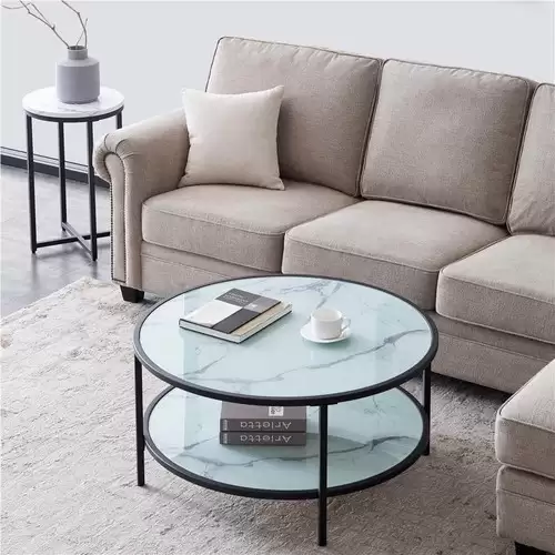 Take Flat 4% Off Off On 2-layer Round Tempered Glass Coffee Table Adjustable Height With Metal Frame For Living Room, Office, Apartment, Restaurant - Black With This Coupon Code At Geekbuying