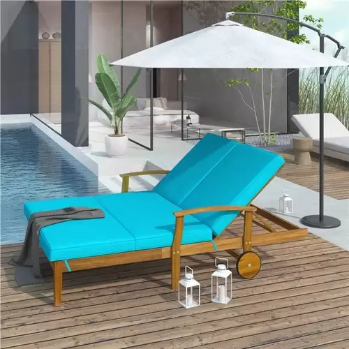 Take Flat 10% Off Off On Topmax Outdoor Double Chaise With Solid Wood Frame, Cushion, And Wheels, For Garden, Terrace, Porch, Poolside - Blue With This Coupon Code At Geekbuying