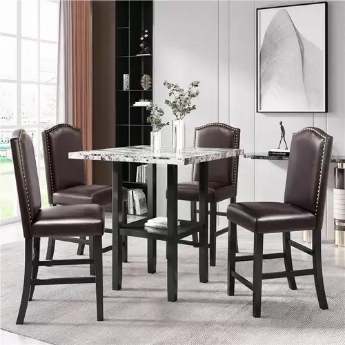Order In Just $403.99 Topmax 5 Pieces Dining Set, Including 1 Square Table With Storage Shelf And 4 Chairs, For Kitchen, Living Room, Cafe - Brown Chair + Gray Table With This Discount Coupon At Geekbuying