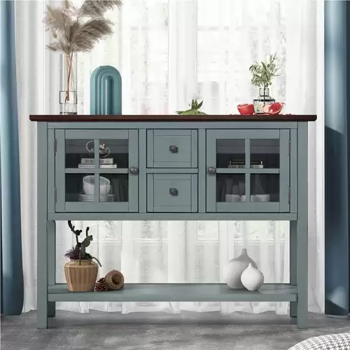 Take Flat 5% Off Off On U-style 45'' Modern Console Table With 2 Drawers, 2 Cabinets And 1 Shelf, For Entrance Hallway, Dining Room, Bedroom - Green + Brown With This Coupon Code At Geekbuying