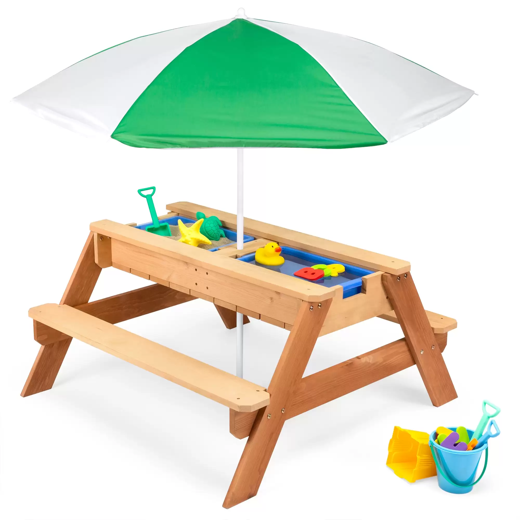 Buy $99.99 3-In-1 Kids Sand & Water Table Outdoor Wood Picnic Table W/ Umbrella At Bestchoiceproducts