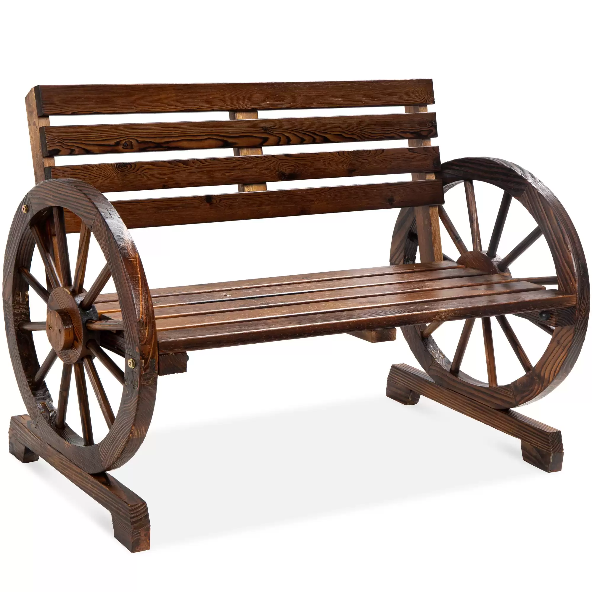 Spend $99.99 2-Person Rustic Wooden Wagon Wheel Bench W/ Slatted Seat And Backrest At Bestchoiceproducts