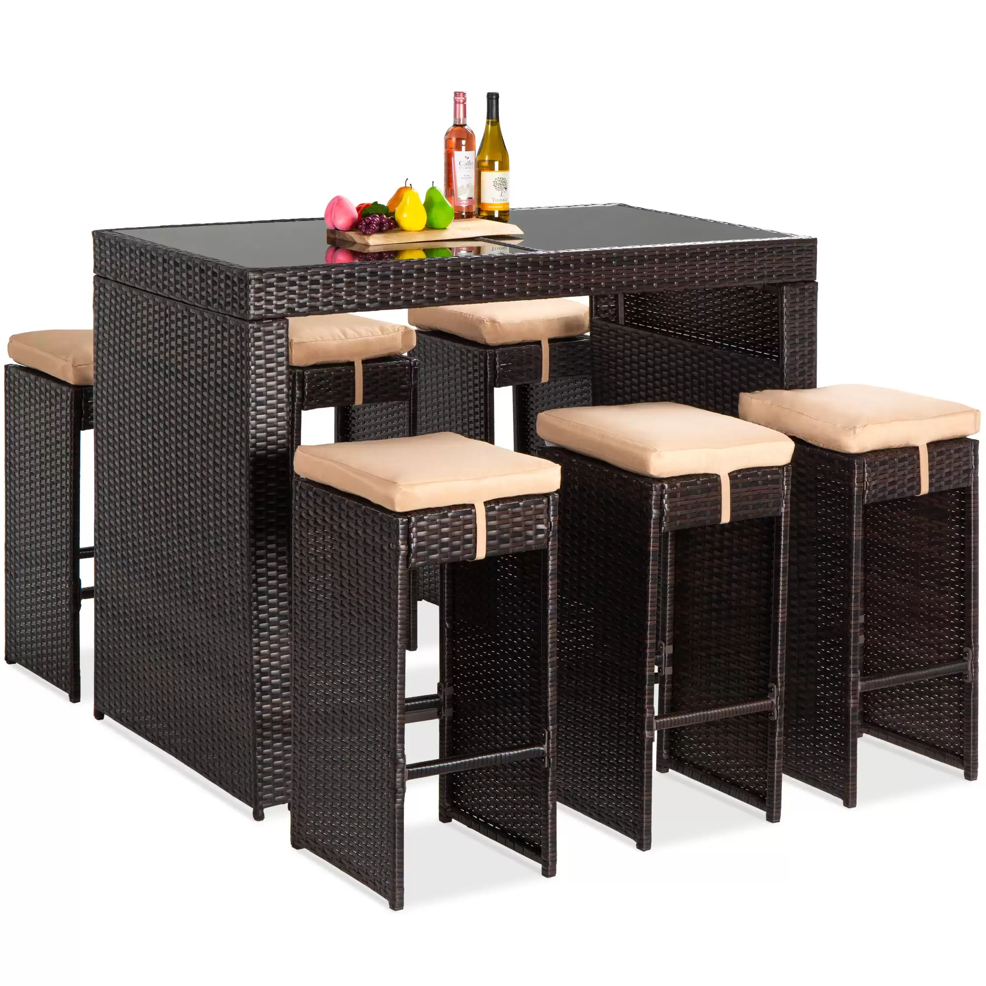 Order In Just $379.99 7-Piece Wicker Bar Patio Dining Set W/ Glass Table Top, 6 Stools At Bestchoiceproducts
