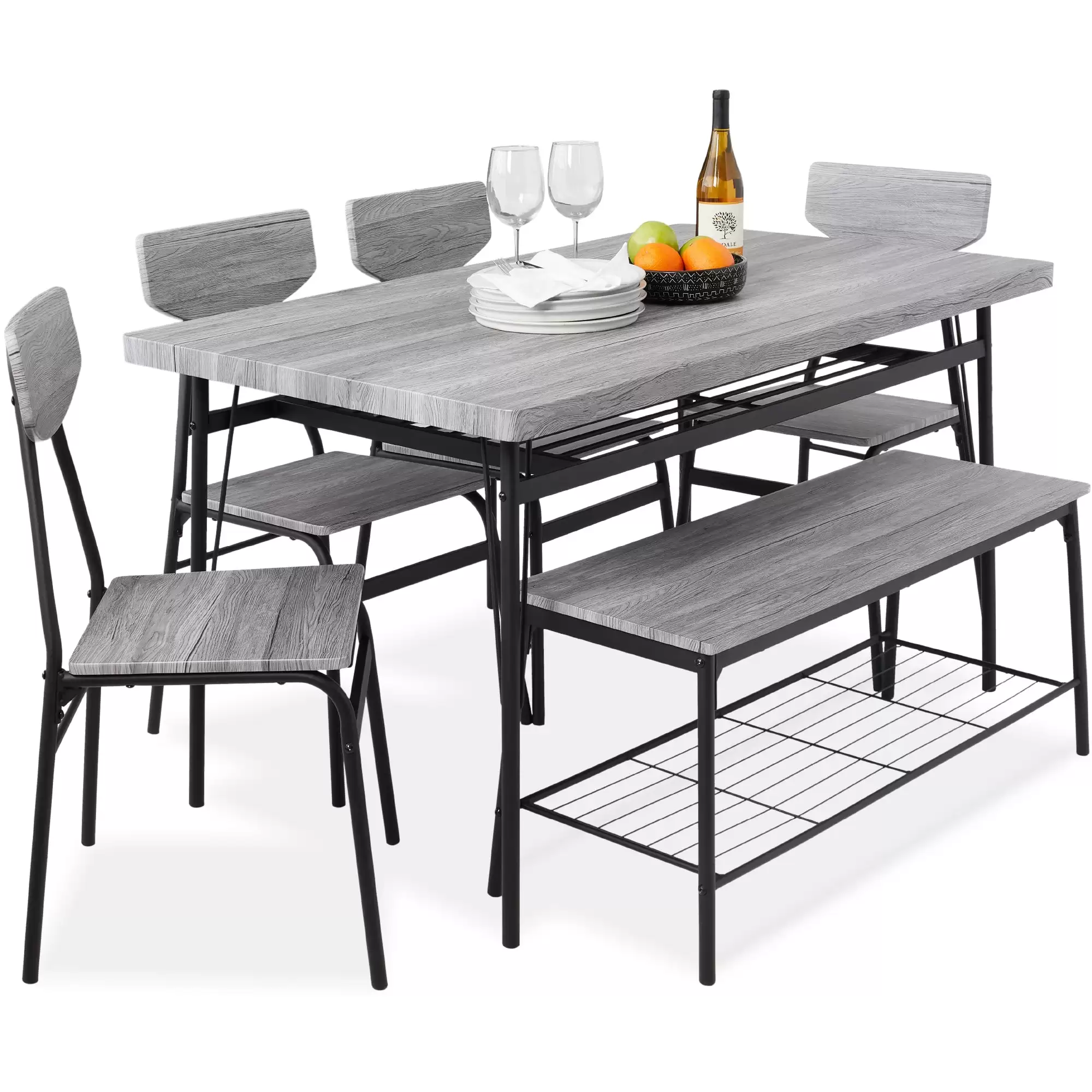 Pay $199.99 6-Piece Modern Dining Set W/ Storage Racks, Table, Bench, 4 Chairs At Bestchoiceproducts